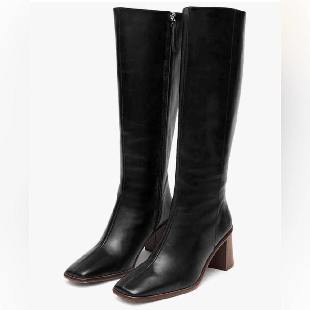 Faux Leather Knee High Boots with Chunky High Heel Square Toe with Side Zip